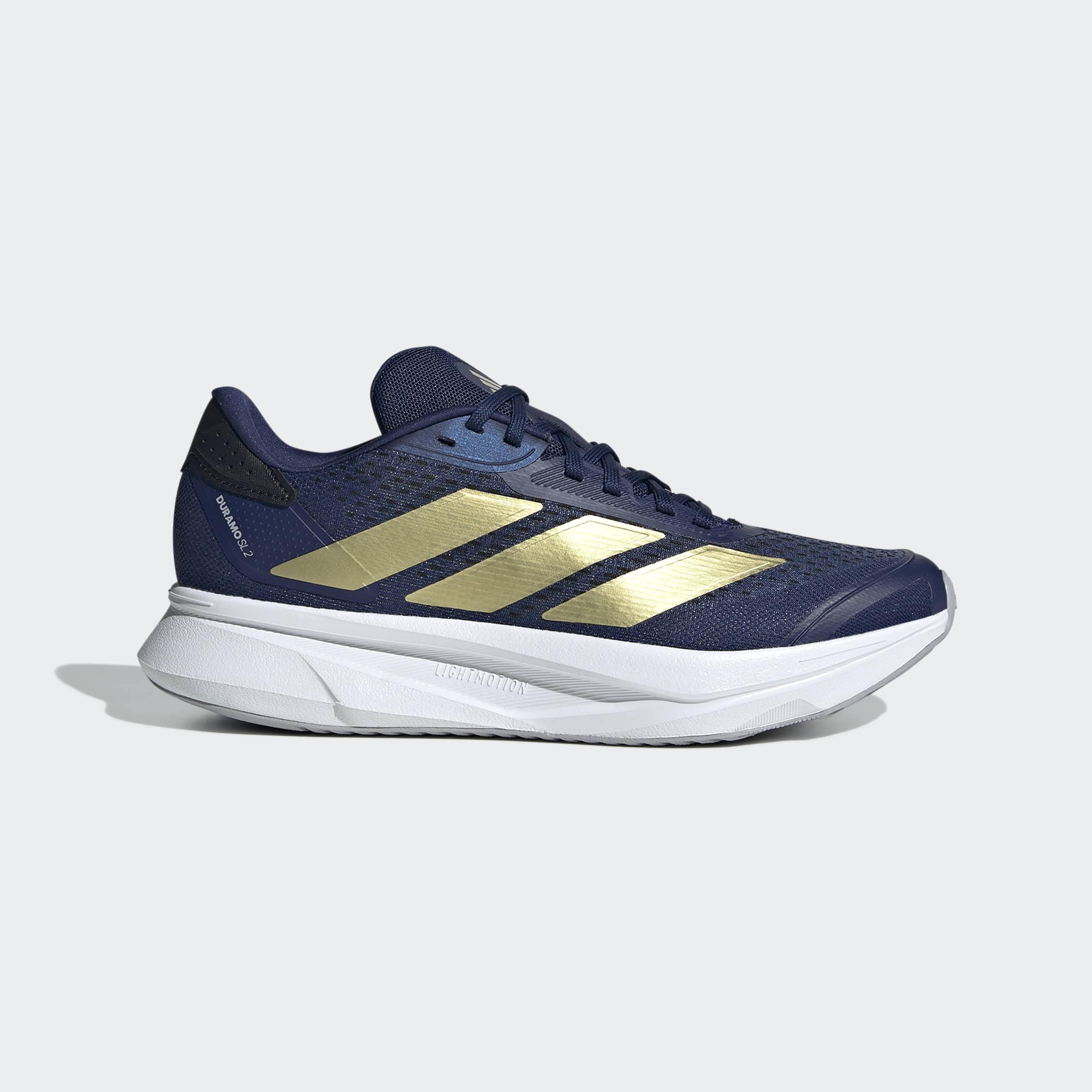 Laufschuh ADIDAS PERFORMANCE "DURAMO SL 2", Damen, Gr. 42, dunkelblau, gold metallic, halo silber, Synthetik, Textil, Schuhe Laufschuh