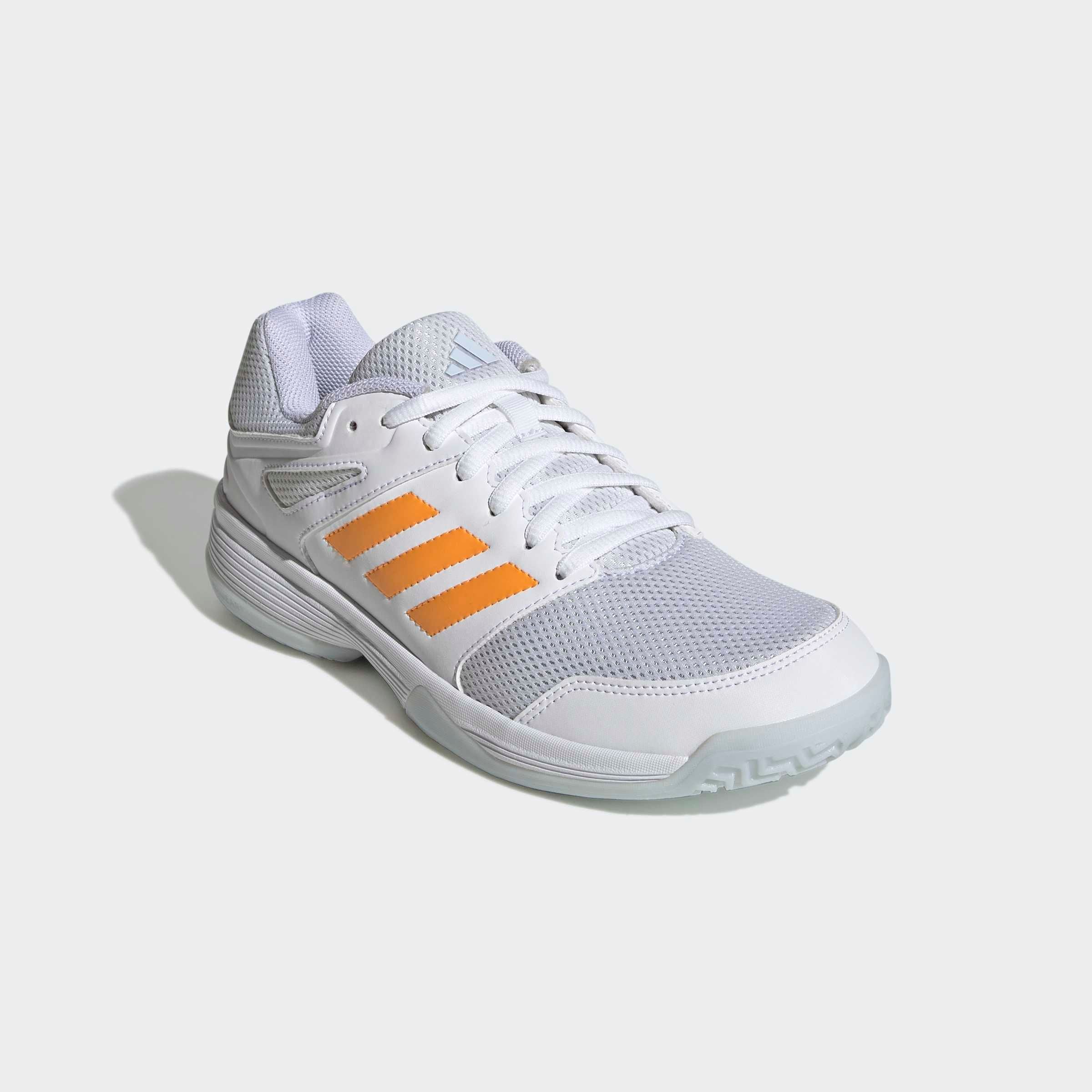 Hallenschuh ADIDAS PERFORMANCE "SPEEDCOURT IN", Damen, Gr. 42, cloud weiß, pure tangerine, crystal sky, Synthetik, Textil, Schuhe Hallenschuh, geeignet für jeden Hallensport