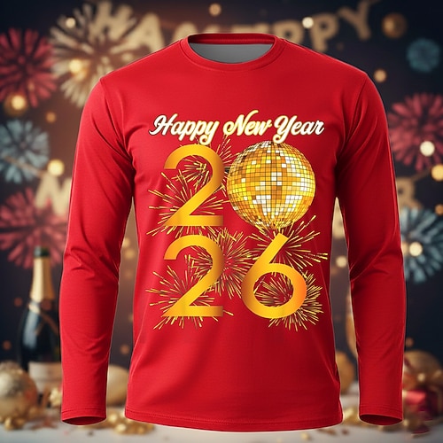 Capodanno Per uomo Buon anno 2026 Maglietta Manica Lunga maglietta Stampa 3D Girocollo Camicia Esagerato Designer Artistico Feste Streetwear Club Blu Nero Rosso Autunno Inverno Abbigliamento S M L XL