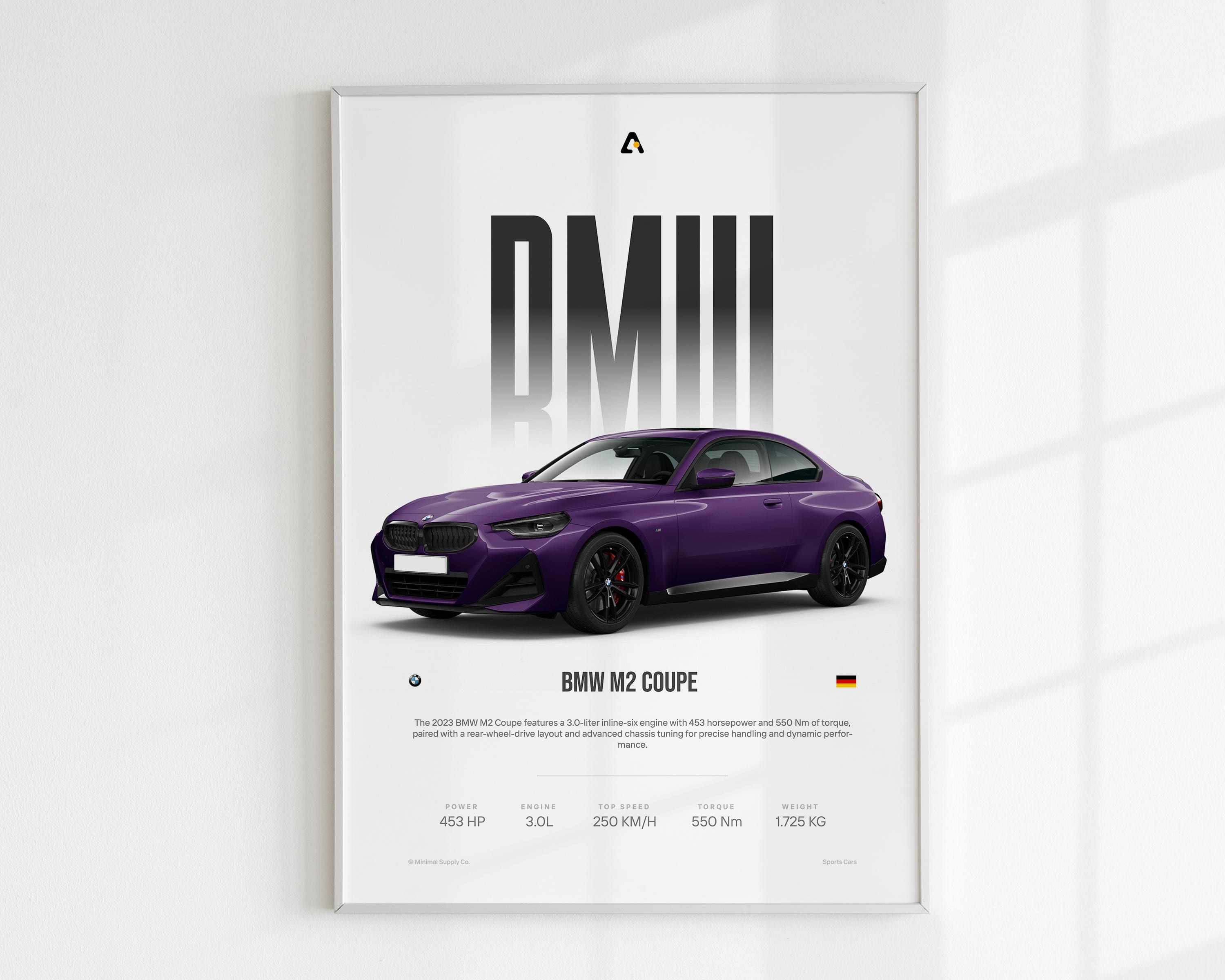 BMW M2 Coupe / Arte murale auto sportiva / Auto tedesca / Arte murale BMW / M2 Affiche / Decorazione garage / Auto sportiva tedesca / Download digital