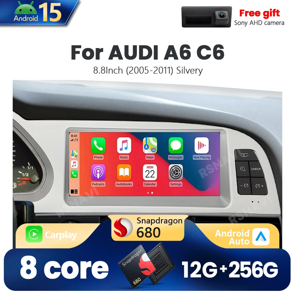 Qualcomm Snapdragon 680 Android 15, für AUDI A6 C6 2005–2011, kabelloses CarPlay, Auto-Autoradio, Multiledia-Schichten, GPS, 8,8 Silber Image