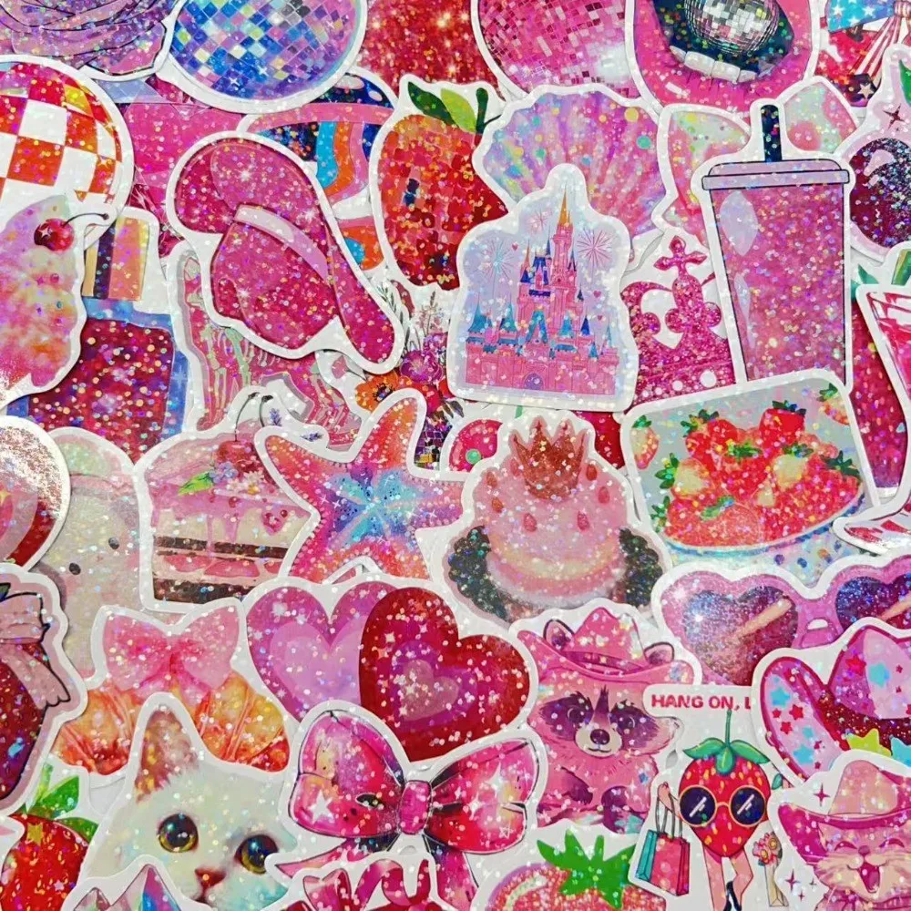 50-teilige Cartoon-Rosen-Rosa-Ästhetische Schimmerfolien-Graffiti-Aufkleber – DIY-Dekor für Gitarre, Notebook und Gepäck (Anime Worlds Store) Image