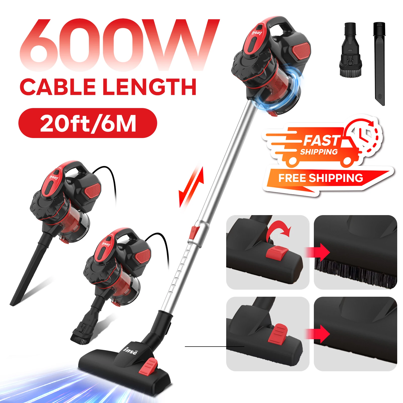 30kPa 600W Staubsauger mit Kabel, Leistungsstarker Motor, für Tierhaare, Harte Böden und Teppiche, Handstaubsauger mit Verstellbarem Griff 19-31 Zoll, 6M Kabel, 1L Staubbehälter, Ein-Knopf Reinigung Image