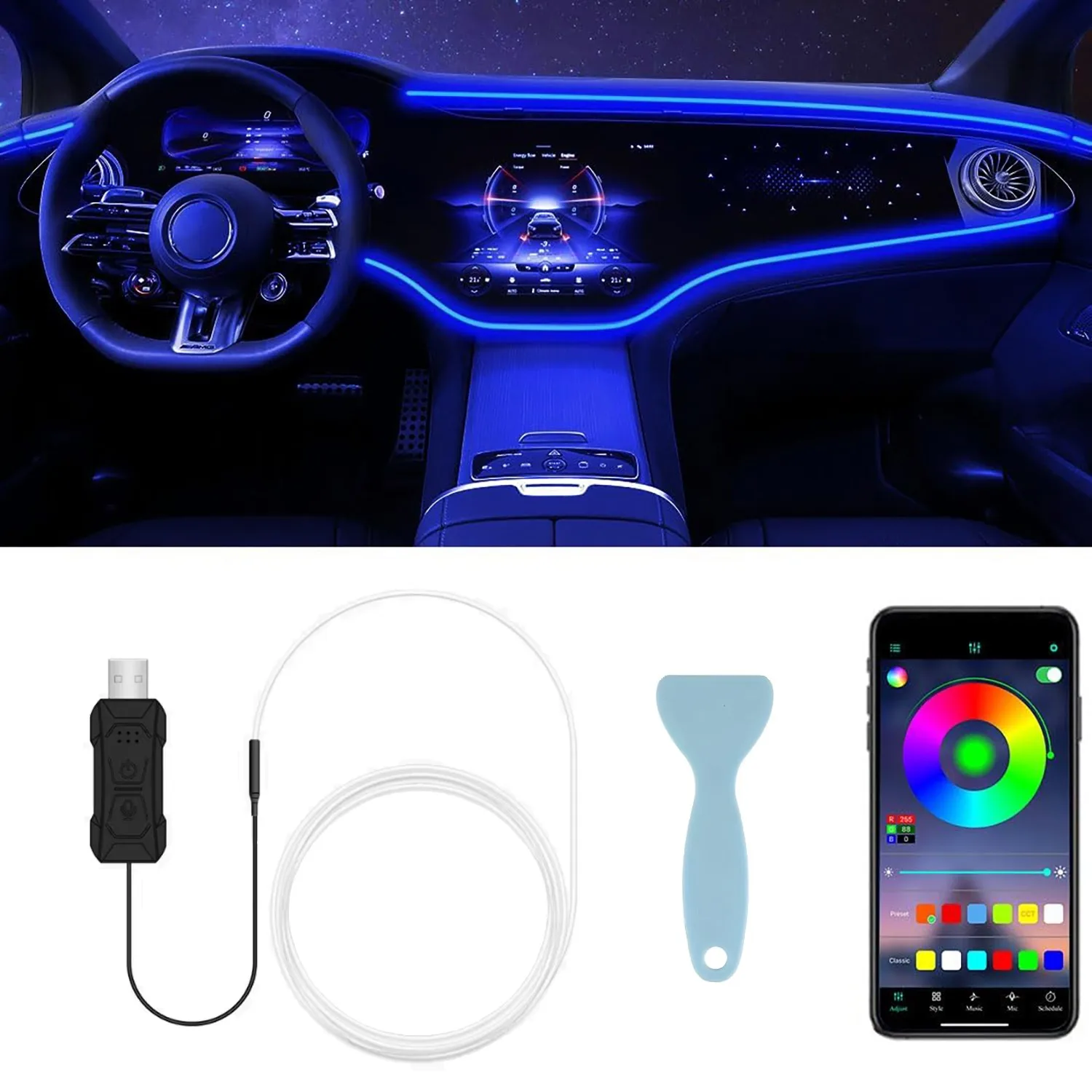 Luci interne per auto a LED al neon 3M Strisce LED USB Luci in fibra ottica Controllo app wireless Sincronizzazione sulla musica Illuminazione ambientale a LED RGB per auto