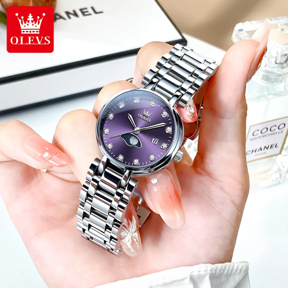 OLEVS Elegante Mode Lila Strass Zifferblatt Quarzuhr für Frauen Wasserdicht Leucht Original Dame Uhr Luxus Frauen Uhren