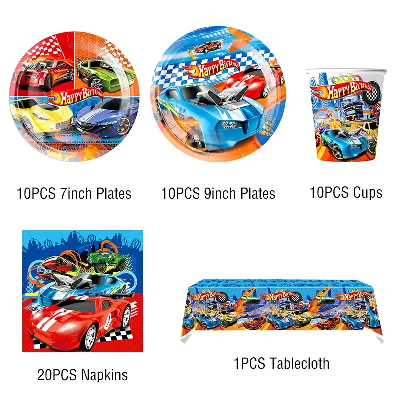 Compleanno Hot Wheel Decorazione Kit da tavola Piatto di carta Tazza Torta Topper Set di palloncini Banner Ruota sospesa Forniture per feste di compleanno