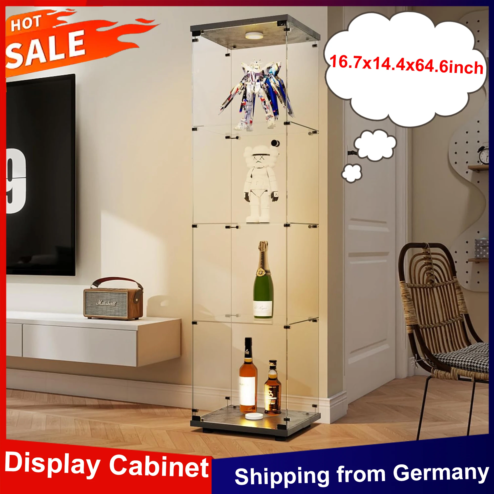 Anajqaqia Glasvitrine, Weinschrank mit 4 Regalen, LED-Licht, 1 Tür und Schloss, Vitrine für Figurensammler, Schwarz