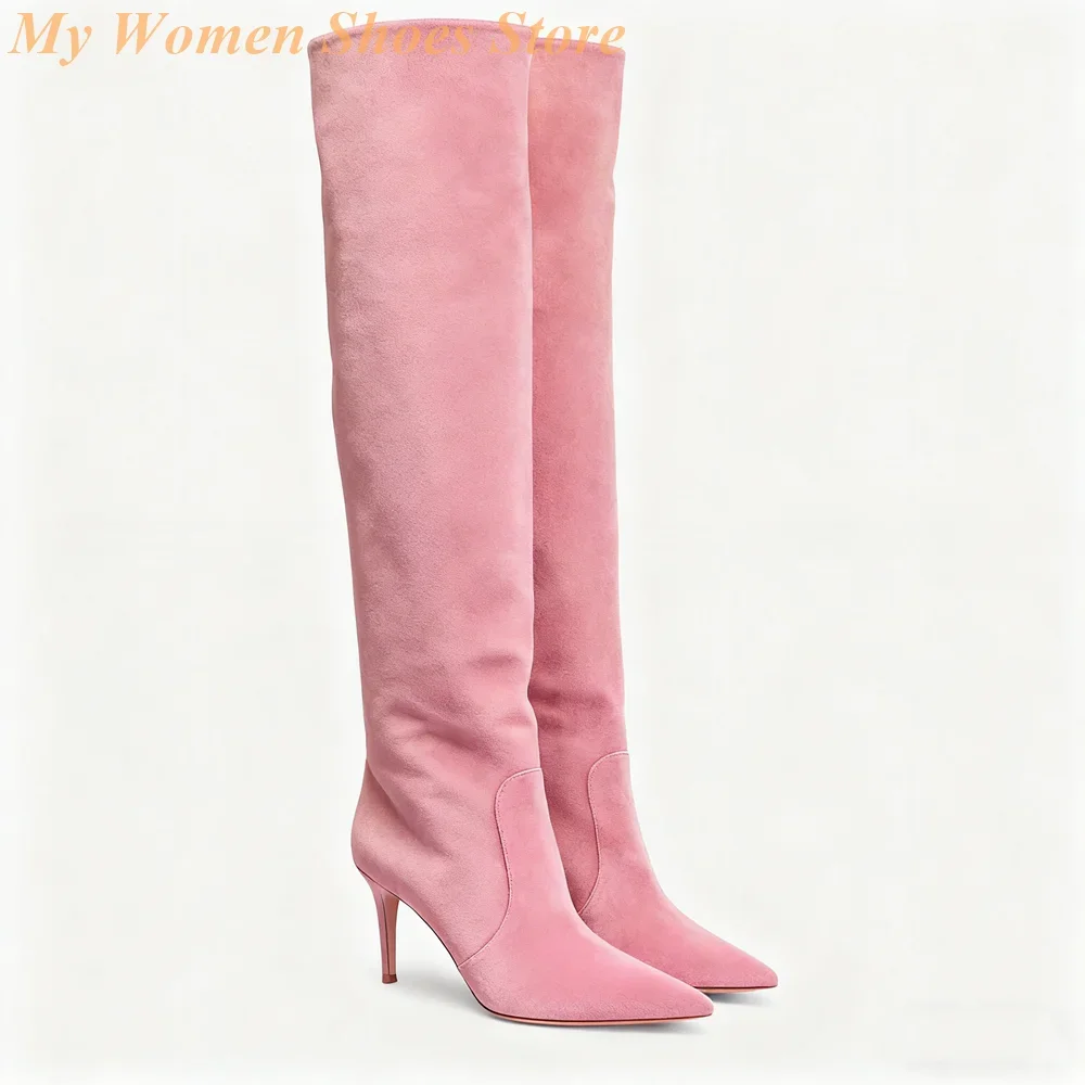 Rosa Overknee-Stiefel, Stiletto-Wildleder, dünner Absatz, Runway 2026, Winter, Herbst, handgefertigte Kleidschuhe, spitze Zehen, Oberschenkelhohe Stiefel