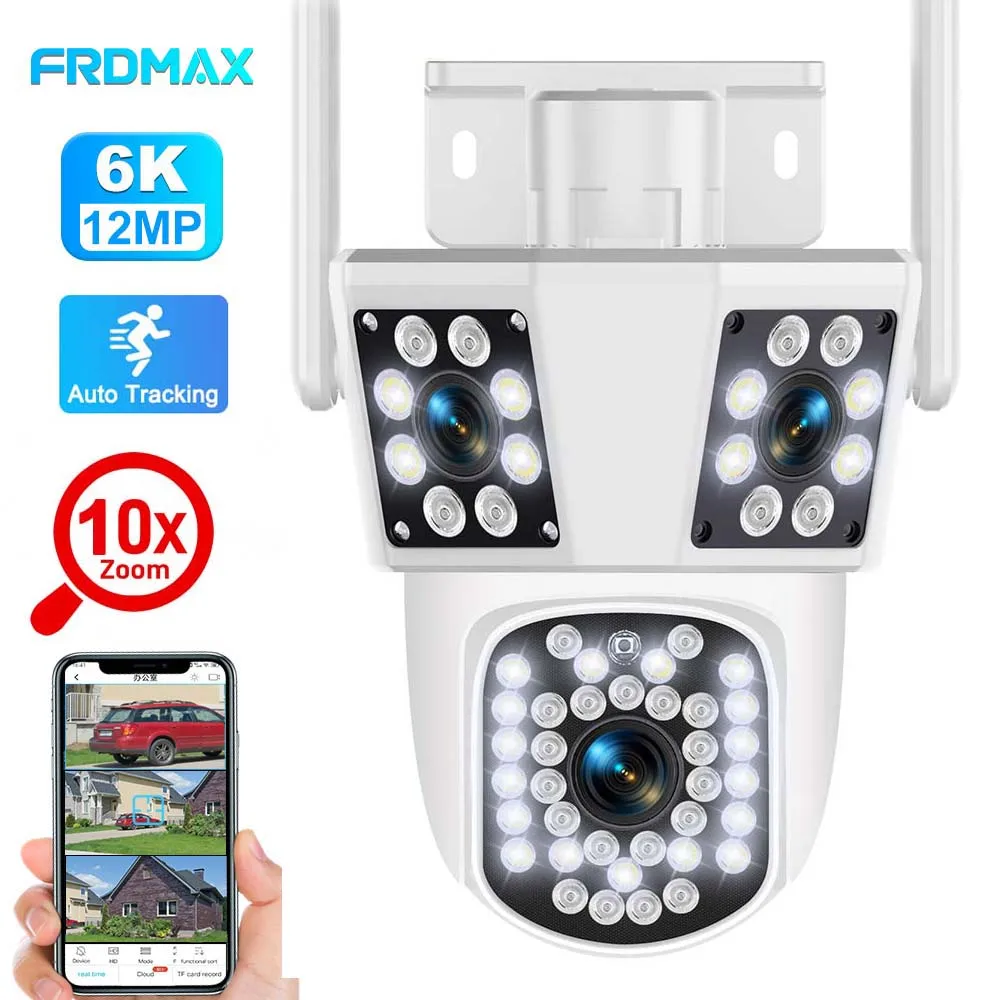 Überwachungskamera für den Außenbereich, 10-facher Zoom, WIFI, 6K, 12 MP, drei Bildschirme, automatische Verfolgung, PTZ-Monitor, Heimschutz, CCTV-Videoüberwachung Image