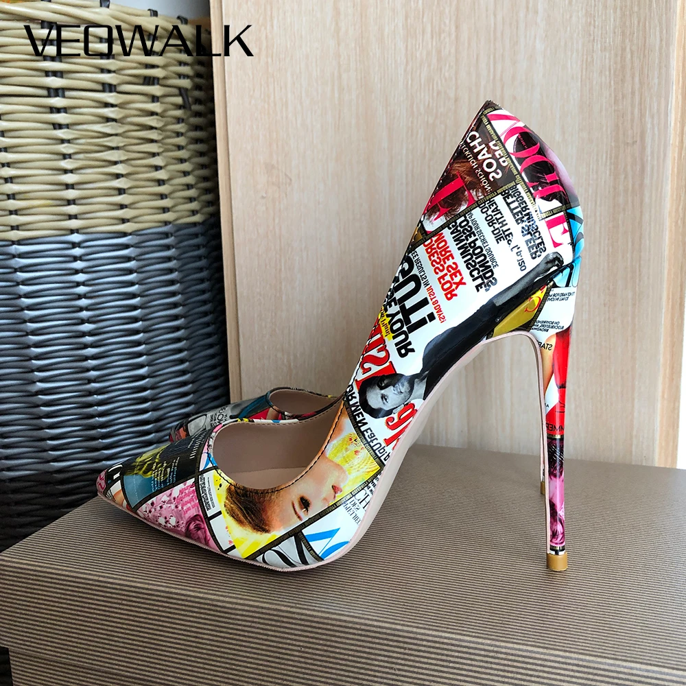 Veowalk Magazin Druck Frauen Spitze Zehen High Heel Schuhe 80 100 120 Sexy Designer Stiletto Pumps für Party Große Größe 43 44 45