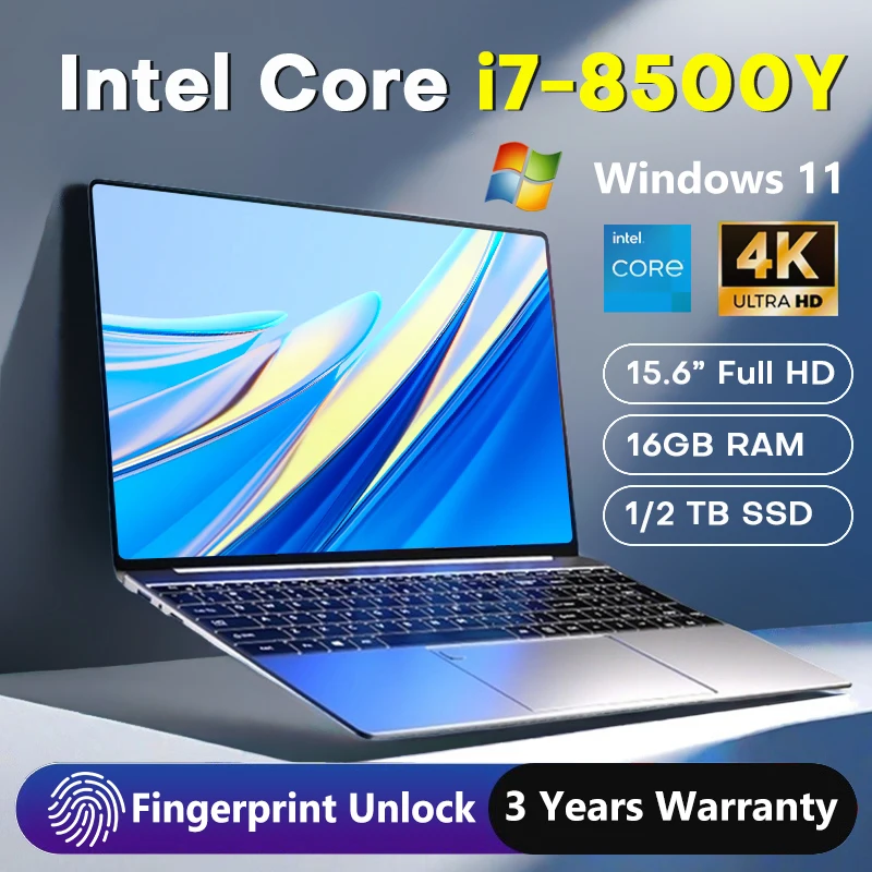 Portable Laptop Computer PC Windows 11 Intel Core i7 8500Y Notebook 15.6 Inch 16GB RAM 1TB SSD Fingerprint Unlock Office Laptops