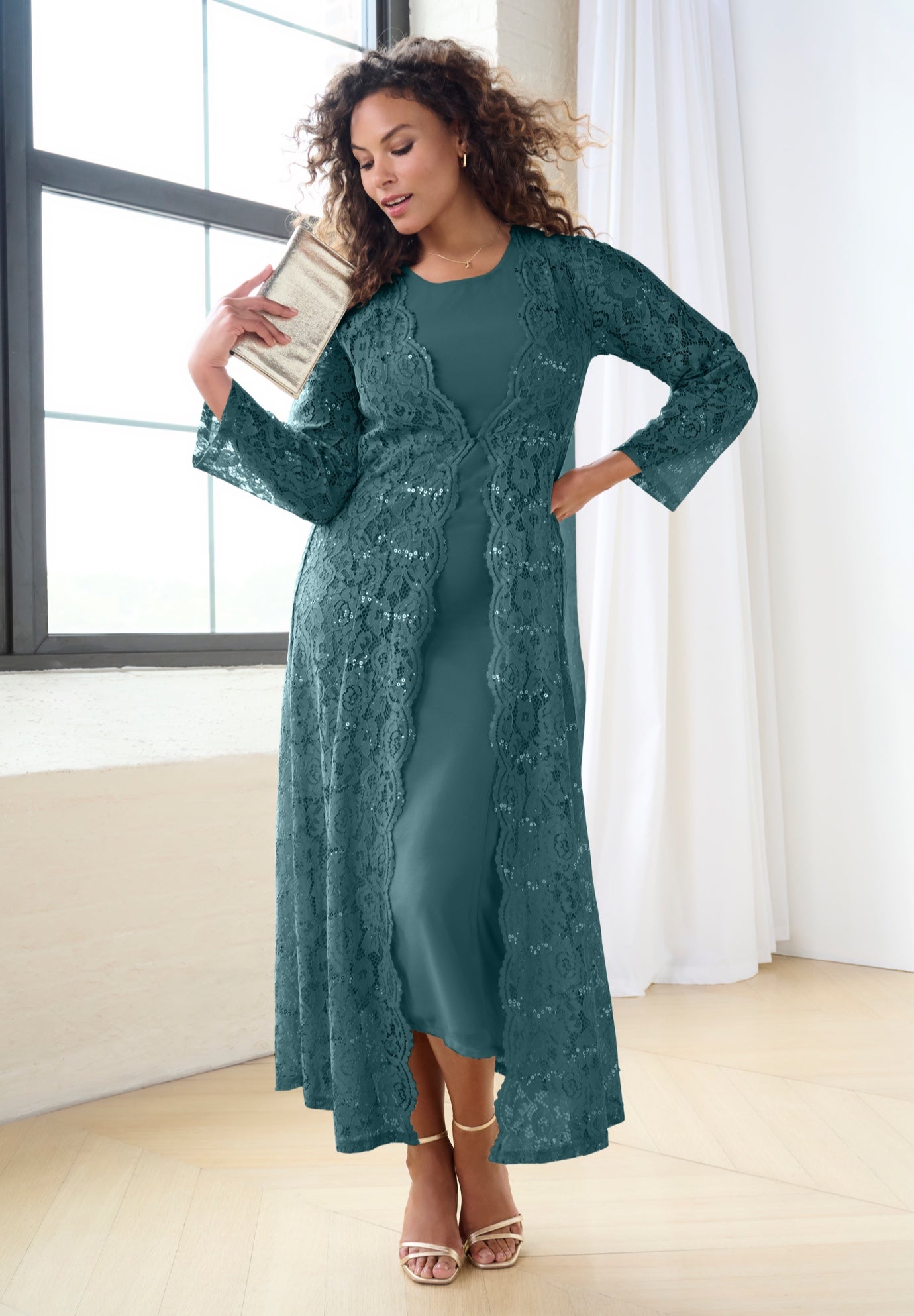 Plus Size Women's Lace Jacket Maxi Dress Set by Roaman's in Mystic Pine (Size 26 W)
