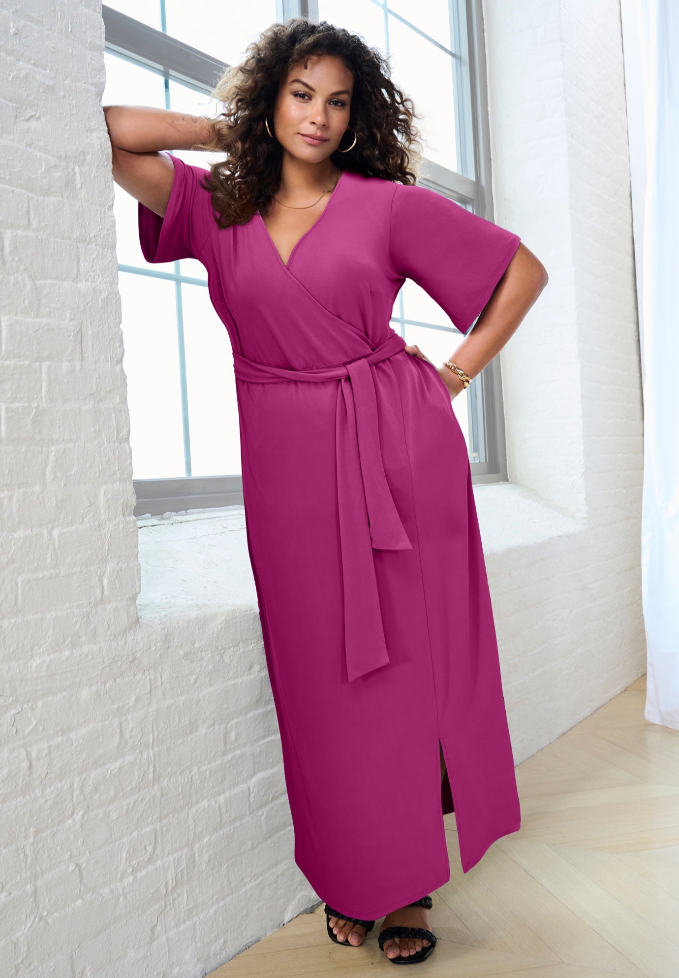 Plus Size Women's Plus Size Flutter Sleeve Wrap Maxi Dress by Roaman's in Raspberry (Size 34/36)