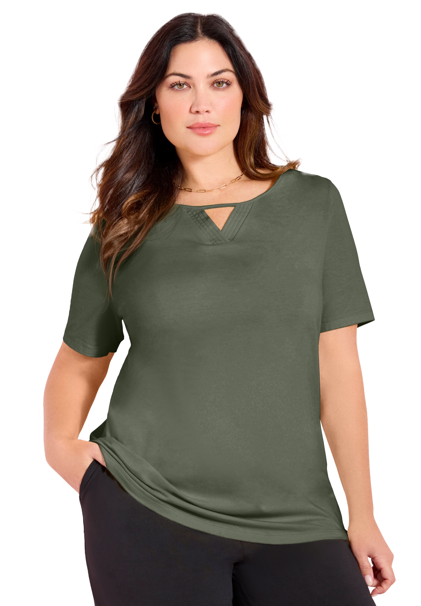 Plus Size Women's Suprema® Pleat-Neck Tee by Catherines in Olive Green (Size 1X)