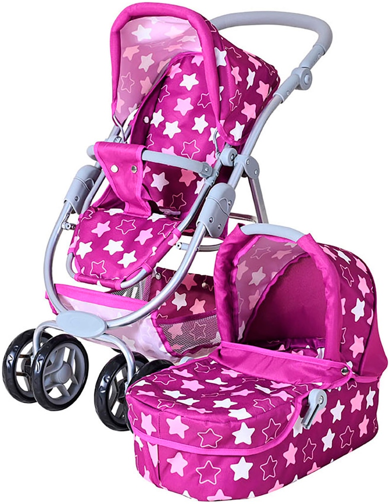 Kombi-Puppenwagen KNORRTOYS "Coco", rosa (star schwarz pink), Puppenwagen, KinderB:43cm H:81cm T:55cm, Kunststoff, Metall, Stoff, B:43cm H:81cm T:55cm