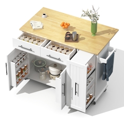 OKWISH Kücheninsel 120x40x90 cm mit ausziehbarem 3-stufigem Organizer, klappbarer Arbeitsfläche, Rollen und Handtuchhalter, Weiß und Natur, MDF Image