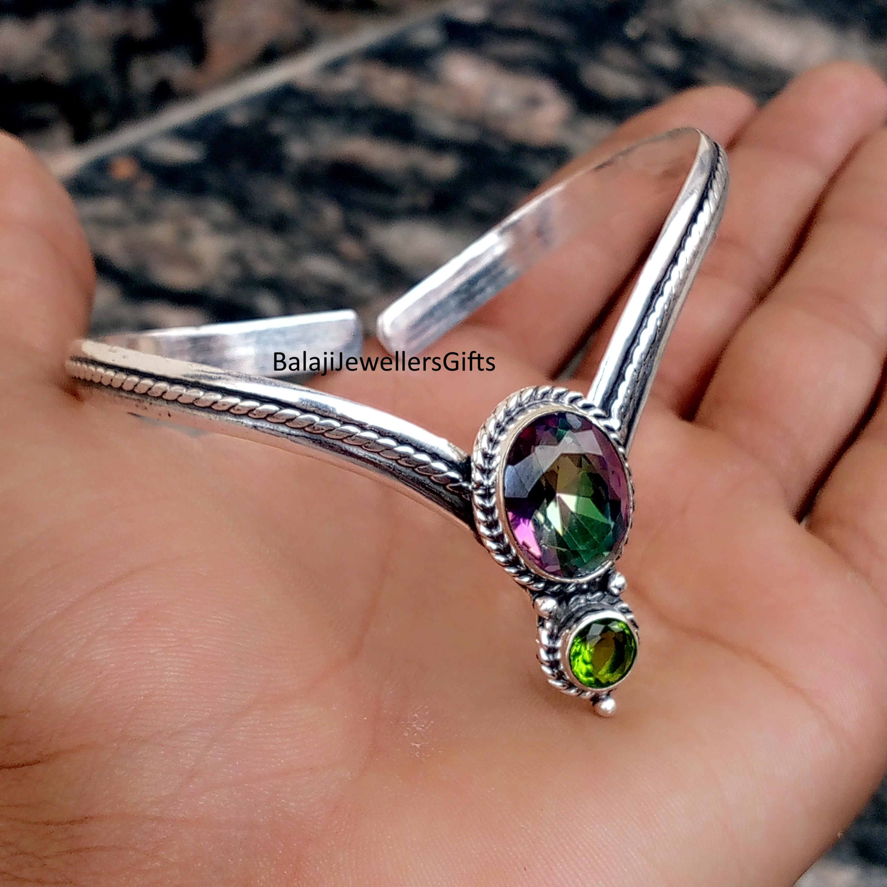 Bracciale con topazio mistico e peridoto, argento sterling 925, bracciale ovale, gioielli da donna fatti a mano, bracciale regolabile, bracciale con 2