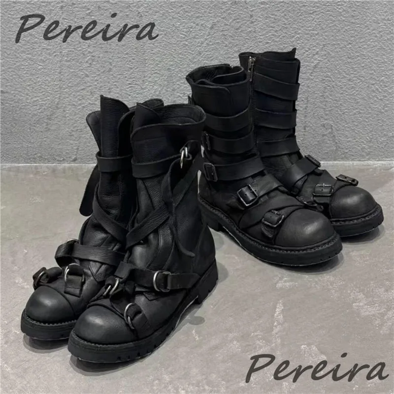 Punk Retro Dicke Sohlen Ritter Stiefel Schwarz Weiches Leder Gürtel Schnalle Erhöhte Höhe Motorrad Stiefel Mode Trendy männer Schuhe