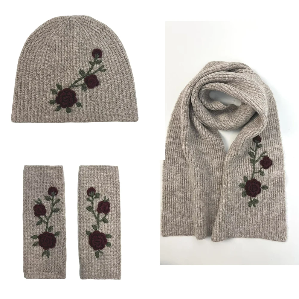 Süße Blumenstickerei, warmer Winter-Strickschal + randlose Strickmütze + gestrickte offene Fingerhandschuhe Image