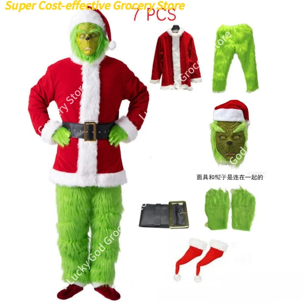Weihnachten Grünes Fell Monster Weihnachtsmann Cosplay Kostüm Weihnachtsmann Anzug mit Maske Frauen Erwachsene Kleidung Neujahr Lustige Weihnachten Outfits Image