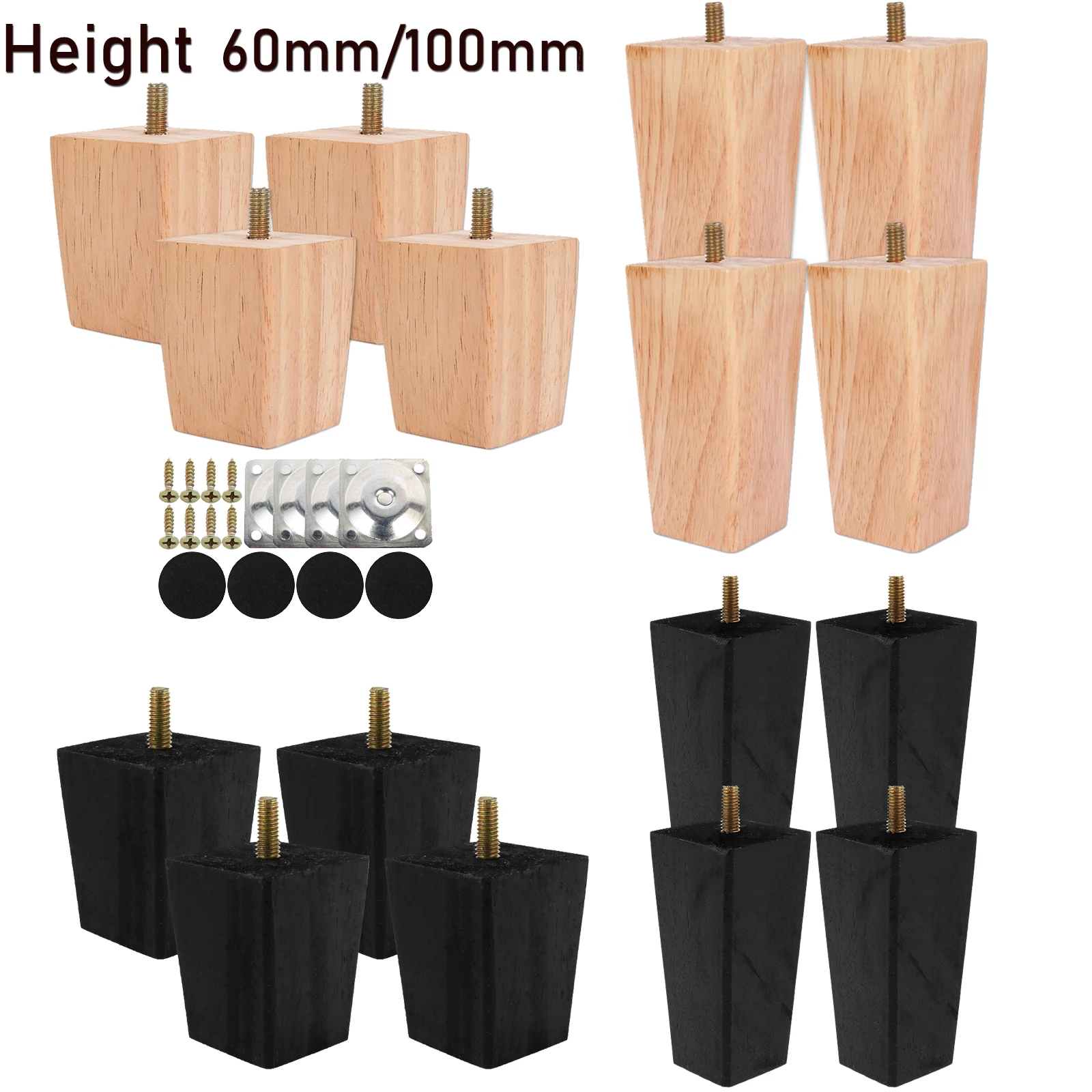4 pièces pieds de meubles 6/10cm pieds de canapé carrés en bois massif pieds de canapé de remplacement pour fauteuil lit commode armoire pieds de meubles