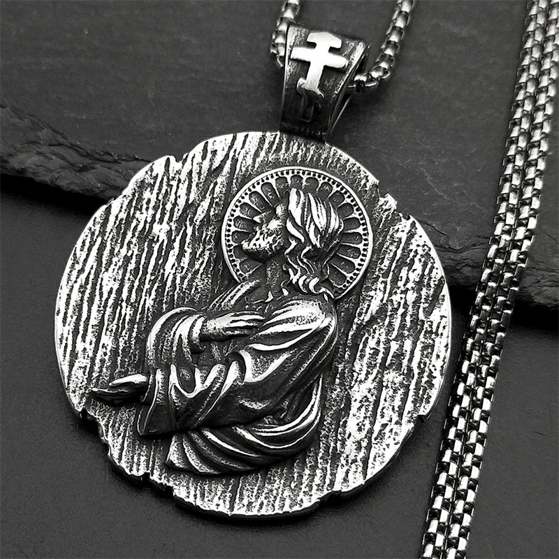 Christian Jesus Runde Medaille Anhänger Halskette für Frauen Männer Edelstahl Silber Farbe Kette Schutz Amulett Schmuck Geschenk Image