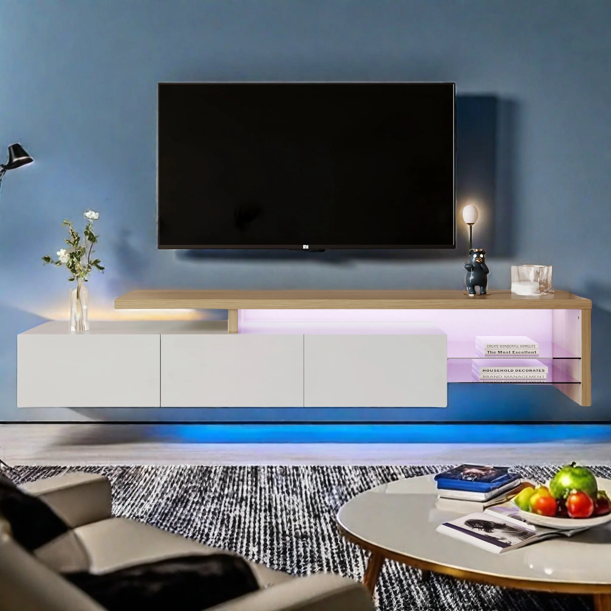 Modernes TV Schrank Design 200 cm Länge, Lowboard TV Schrank Fernsehtisch Fernsehschrank, Praktischer Stauraum, Glasböden, Holzoptik, TV Tisch mit LED Beleuchtung,Weiss