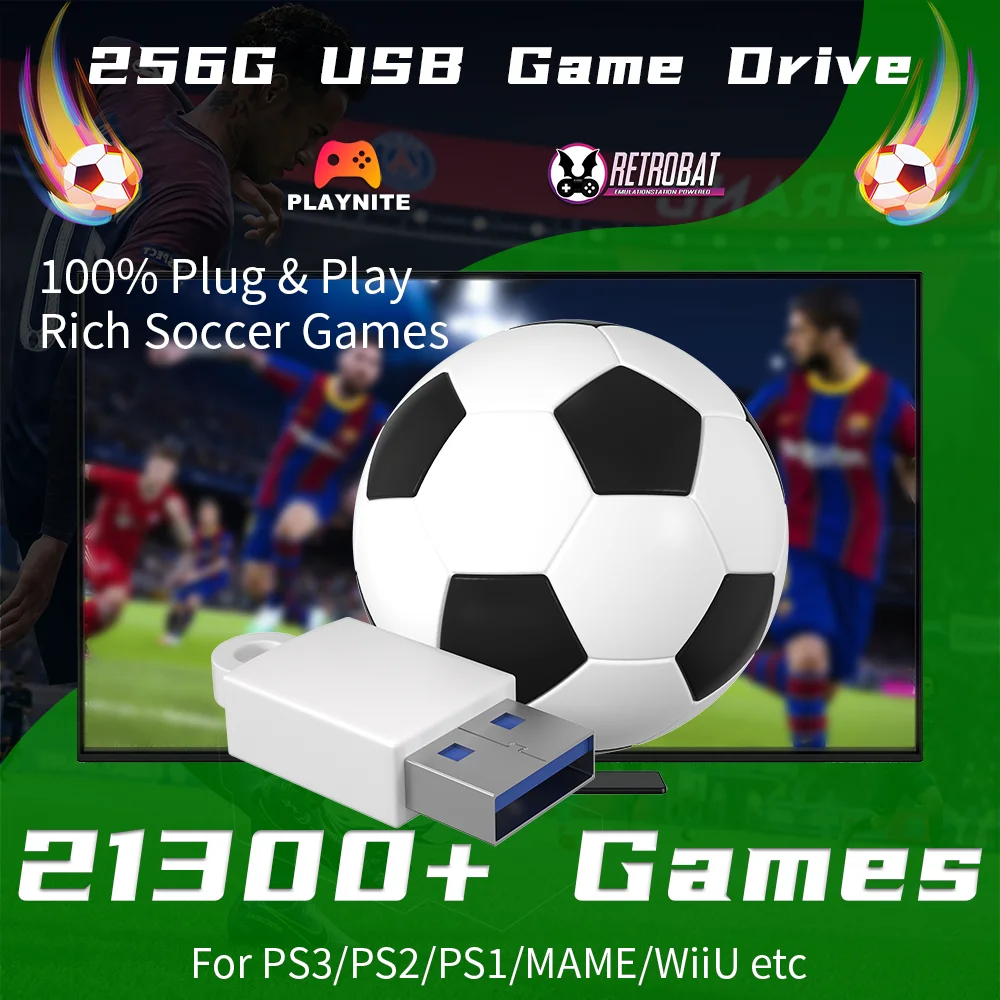 JMachen Soccer Gaming Drive mit 21300+ Spielen für PS3/PS2/PS1/MAME/N64/WiiU USB Game Disk für Windows PC/Laptop/Handhelds/ROG ALLY