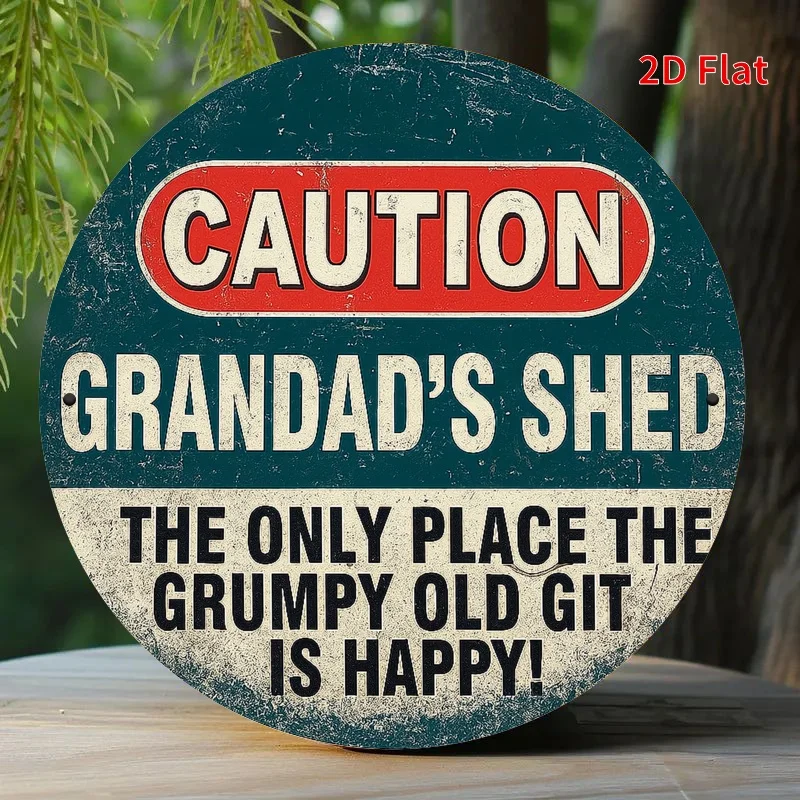 2D Flat, Vintage „Caution Grandad's Shed“ Metallschild – 19,81 x 19,81 cm, rustikale Eisenwandkunst mit humorvoller Warnung, Distressed Blu Image