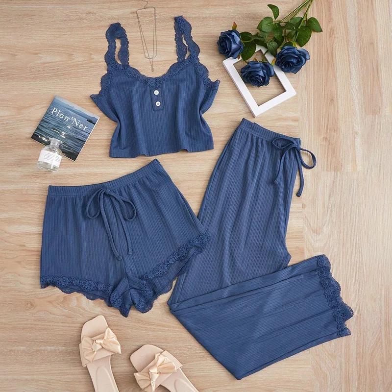 Neue 2025 frauen Sommer 3PCS Pyjama Sets Solide Weste Shorts und Hosen Gepaart mit Spitze Spleißen für Homewear sexy Nachtwäsche Sets Image