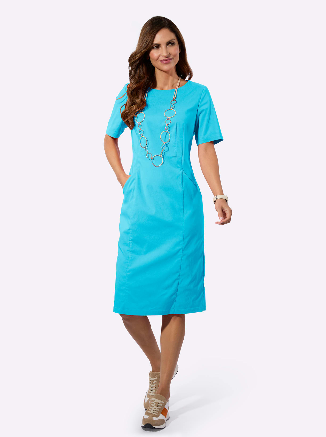 Etuikleid INSPIRATIONEN "Bengalin-Kleid", Damen, Gr. 46, Normalgrößen, türkis, 72% Viskose, 25% Polyamid, 3% Elasthan, unifarben, knielang, U-Boot-Ausschnitt, Kleider Etuikleid