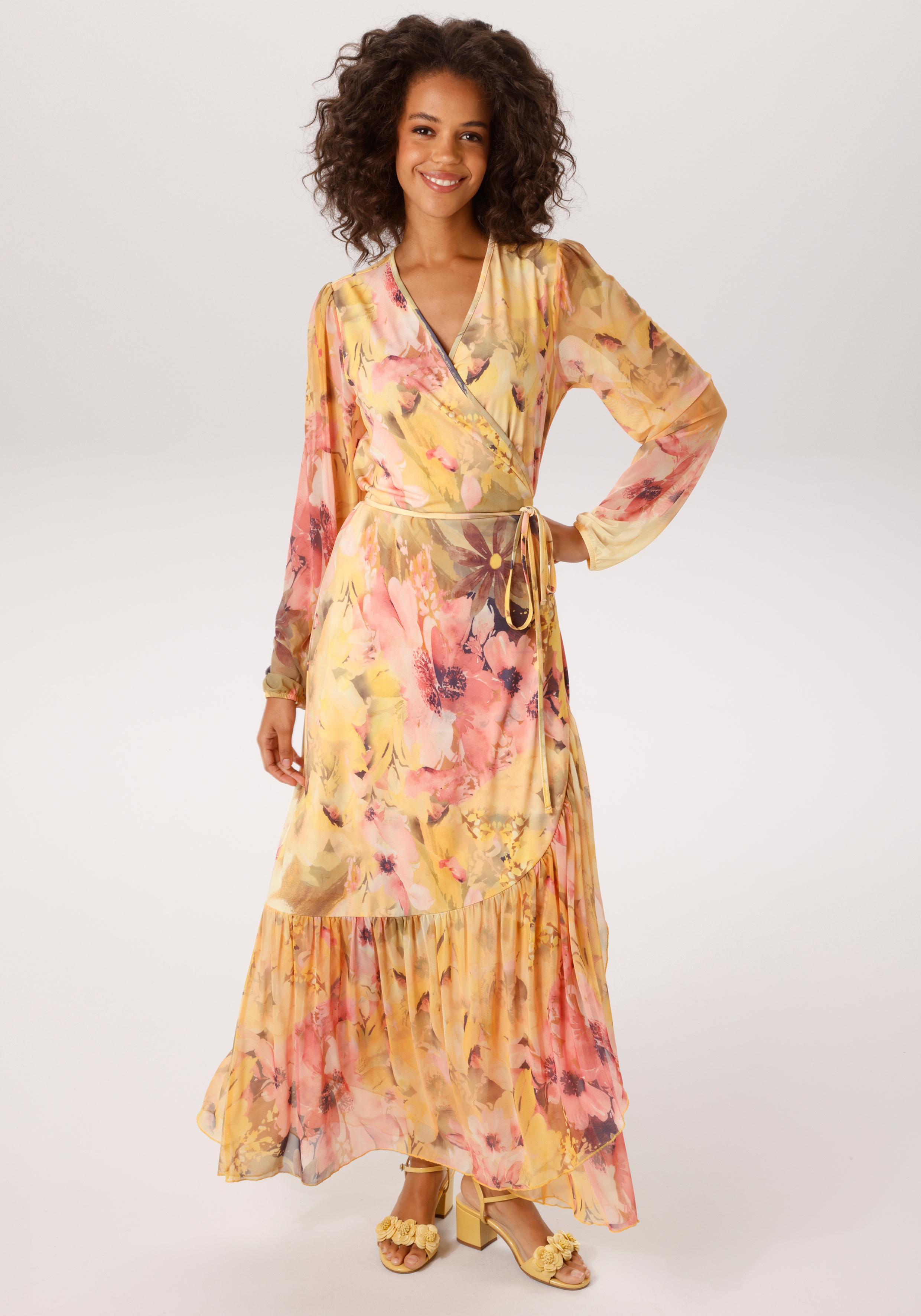 Wickelkleid ANISTON CASUAL, Damen, Gr. 48, N-Gr, gelb, apricot, rosa, moosgrün, orange, oliv, braun, marine, weiß, beere, taupe, Jersey, Obermaterial: 95% Polyester, 5% Elasthan. Volant: 95% Polyester, 5% Elasthan, bedruckt, geblümt, figurumspielend...