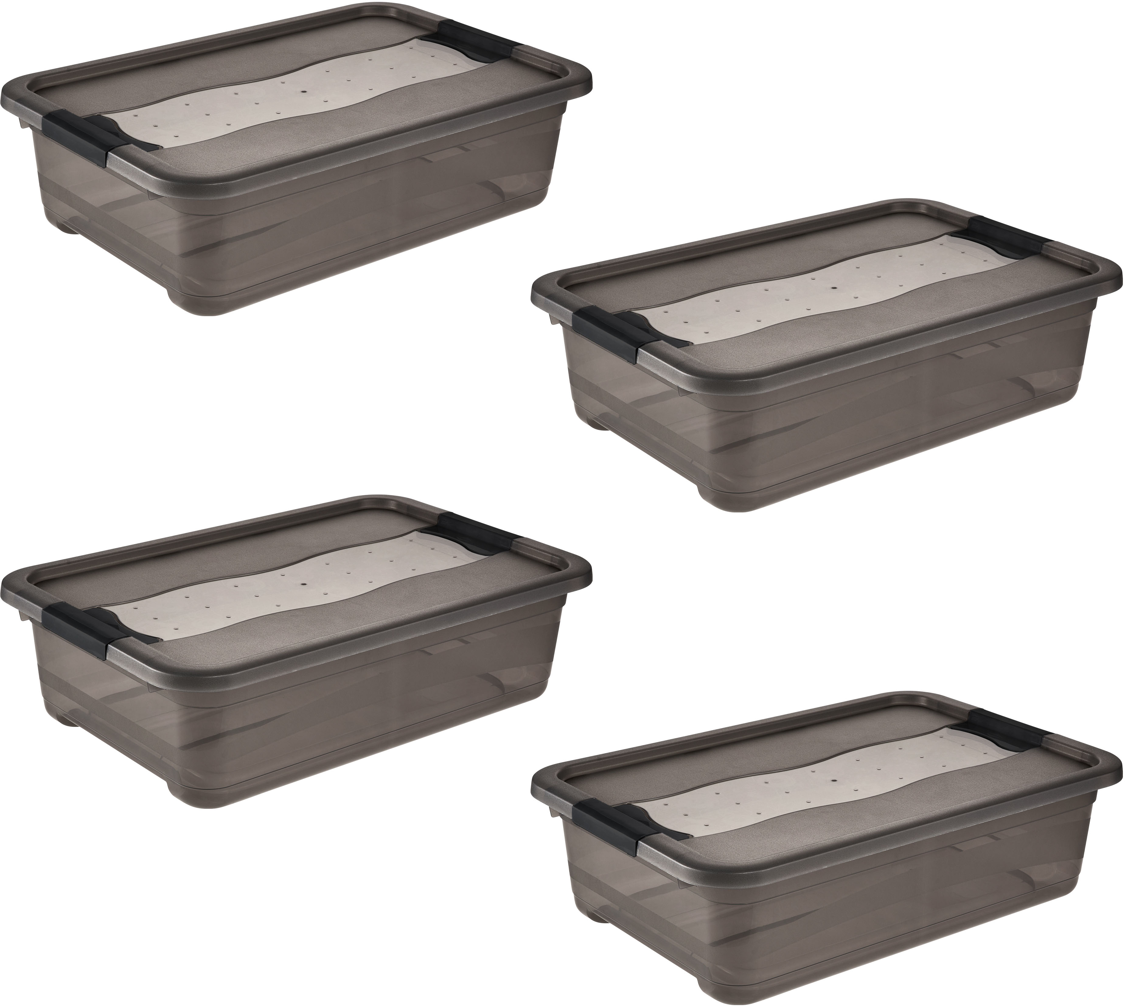 Aufbewahrungsbox KEEEPER "Cornelia, 4er Set, 28 L, 59,5 x 39 x 19,5 cm", crystal grau, B:59,5cm H:19,5cm T:39cm, Kunststoff, Aufbewahrungsboxen, Aufbewahrungsbox, durch Clips verschließbar, Griffe am Boden