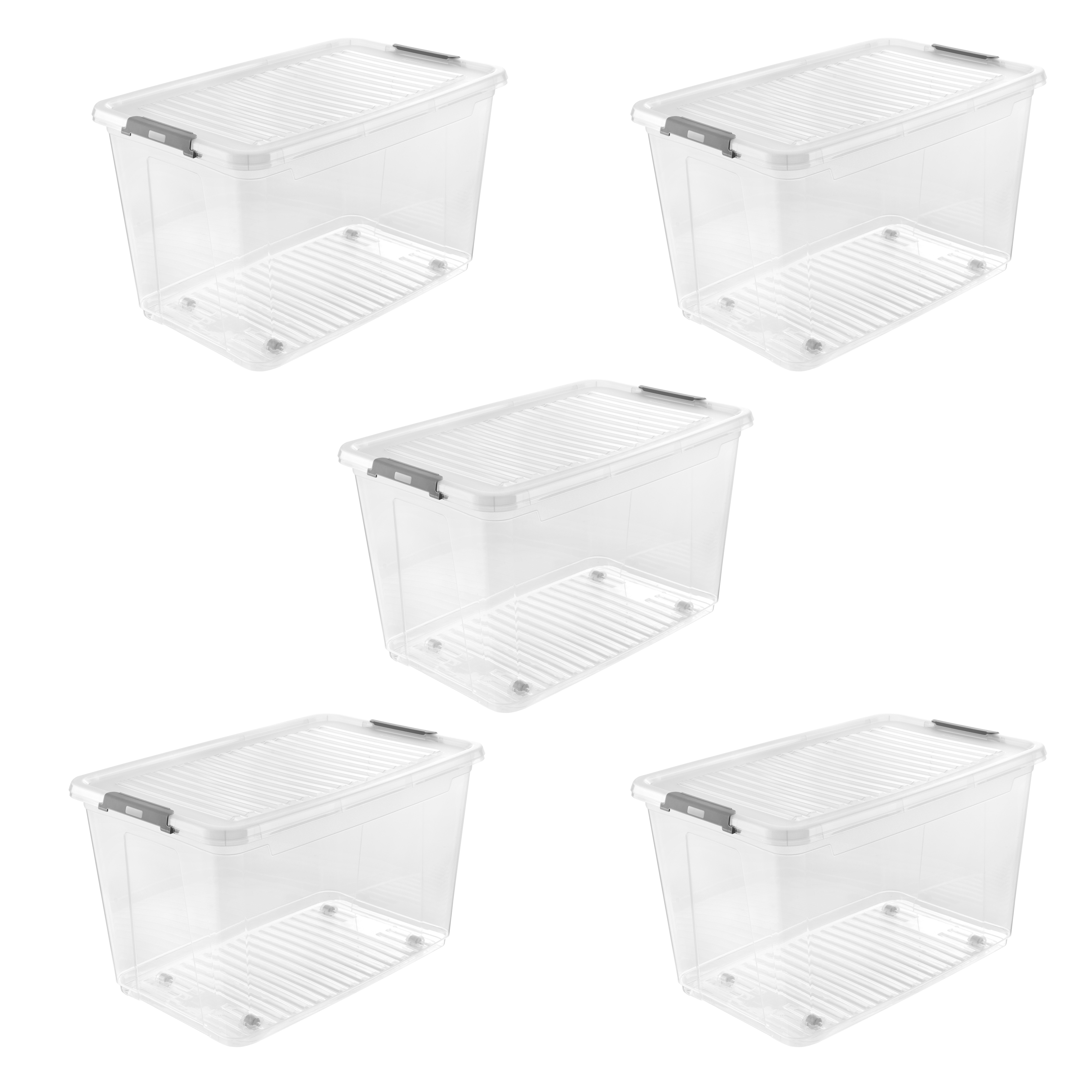 Aufbewahrungsbox KEEEPER "Clipbox Leo (Set 5 St.) 56 L, 59 x 38 x 35,5 cm", transparent, B:59cm H:35,5cm T:38cm, Kunststoff, Aufbewahrungsboxen, Aufbewahrungsbox, Schanierclips, Doppelöffnung, 90 drehbare Räder, fixierbarer Deckel