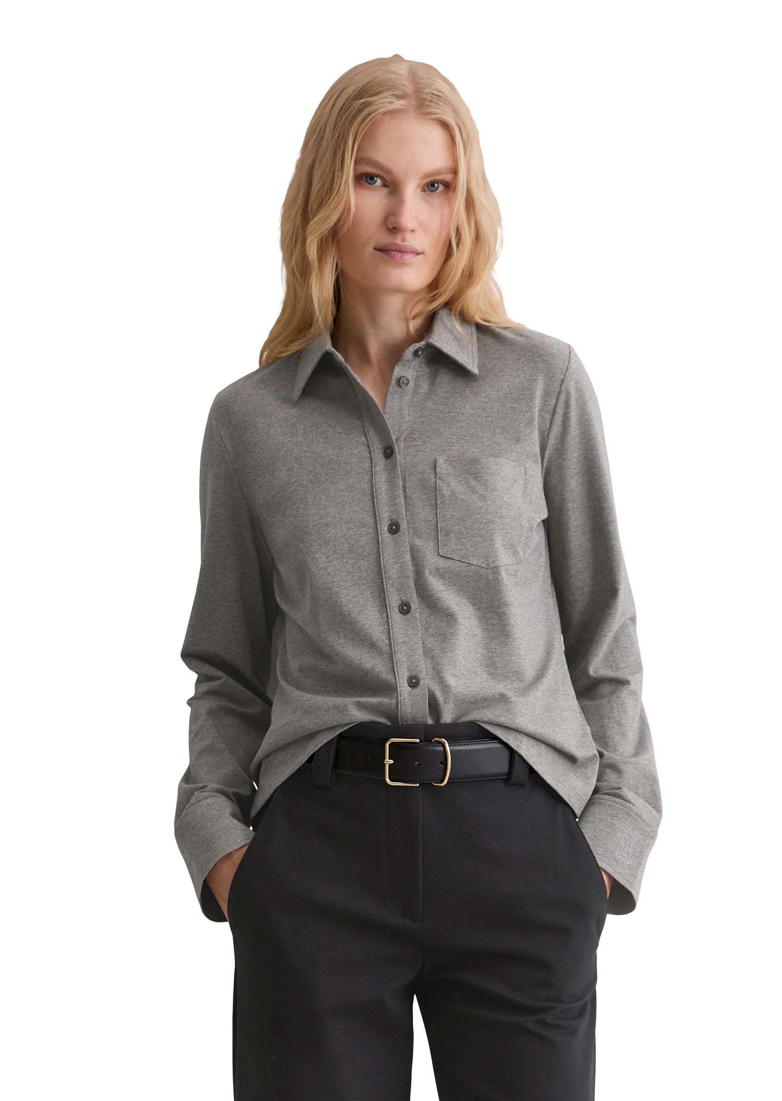 Langarmbluse MARC O'POLO "aus Organic-Cotton-Stretch", Damen, Gr. S, warm granite melange, Obermaterial: 96% Baumwolle, 4% Elasthan, unifarben, Basic, regular fit normal, Blusen