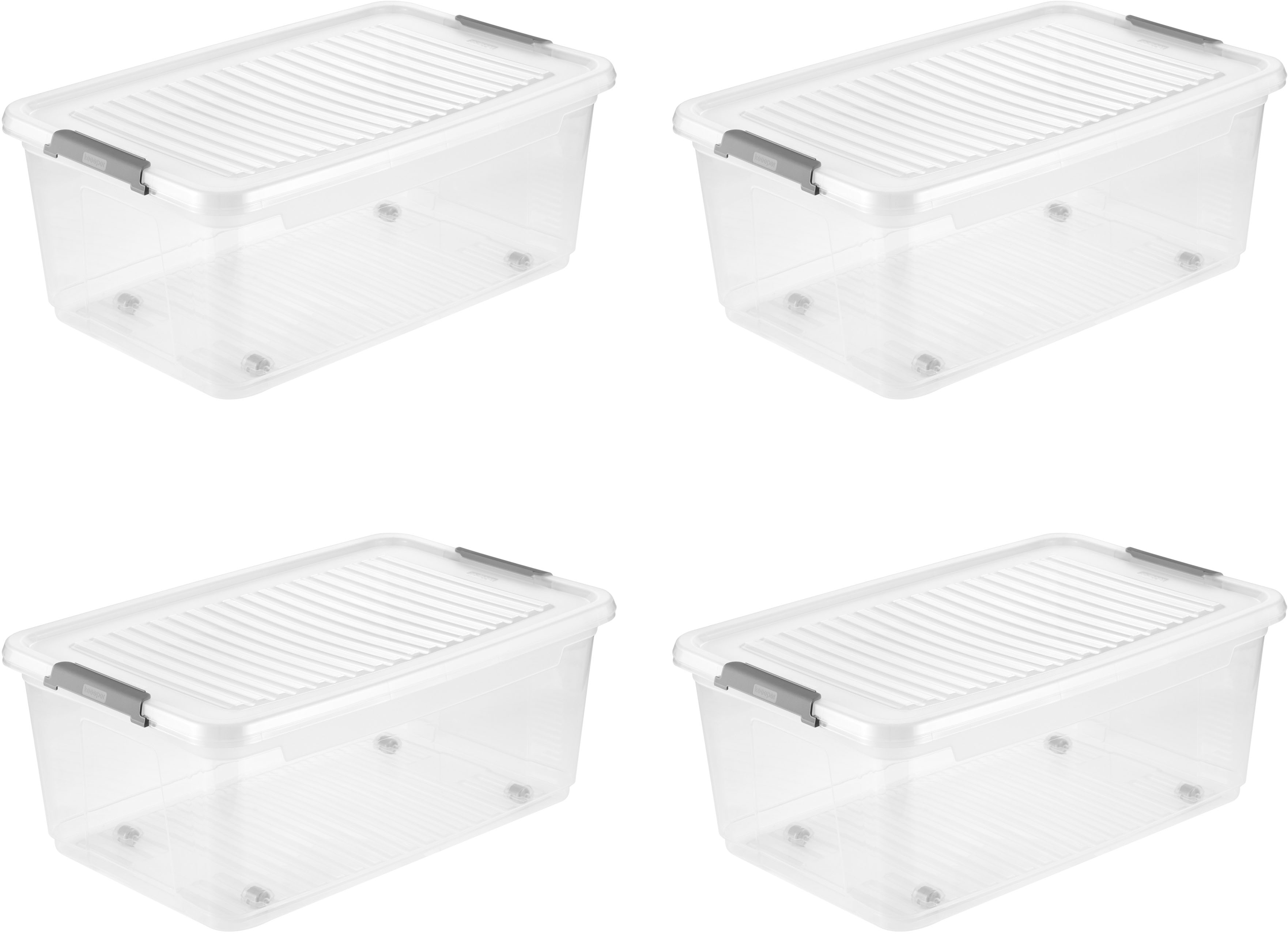 Aufbewahrungsbox KEEEPER "Clipbox Leo (Set 4 St.) 37 L, 59 x 38 x 24 cm", transparent, B:59cm H:24cm T:38cm, Kunststoff, Aufbewahrungsboxen, Aufbewahrungsbox, Schanierclips, Doppelöffnung, 90 drehbare Räder, fixierbarer Deckel