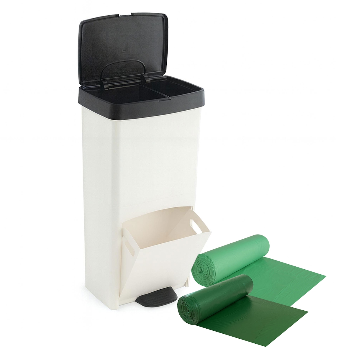 SP BERNER - Vertikaler 70L-Mülleimer mit 2 Fächern (40L + 30L), schwarz-weiß, inklusive 30L- und 40L-Müllbeuteln Image