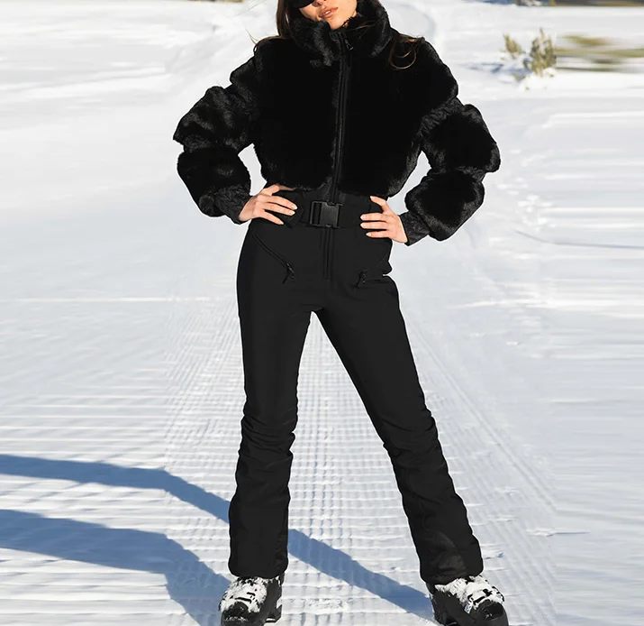 Mode Neue Solide Skifahren Body Faux Pelz Patchwork Zipper Verdicken Belted Wasserdicht Overall Scharfe Stilvolle Eng Anliegende Tragen Image
