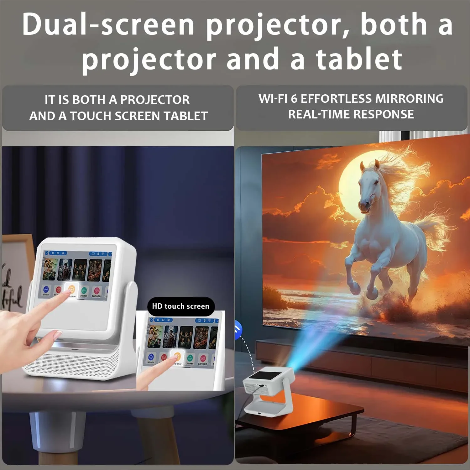 Proyector WiFi Bluetooth, 8" Touchscreen Android 12, 4K 1080P Autofokus, HDMI USB, 180 ° Flip, integrierter Spkr, EU/US/UK-Stecker Image