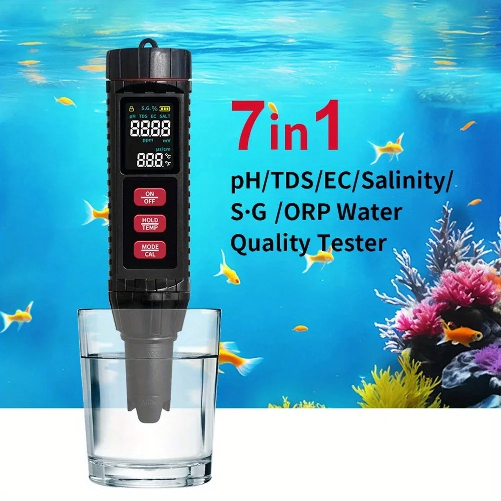 7-in-1-Wasserqualitätstester TDS/EC/SAL/S.G/Temp/PH/ORP/SG für die Prüfung von Labor, Schwimmbädern, Aquarien und Trinkwasser Image