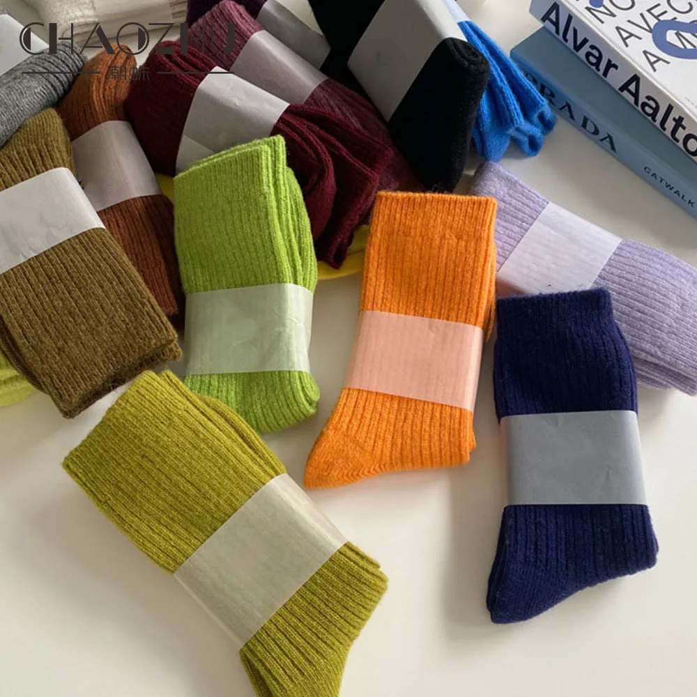 CHAOZHU Verdicken Warme Merino Wolle Klassische Feste Farben Rippe Socken Frauen Hohe Qualität Lose Crew Mode Japanische Korea Socke Winter Image