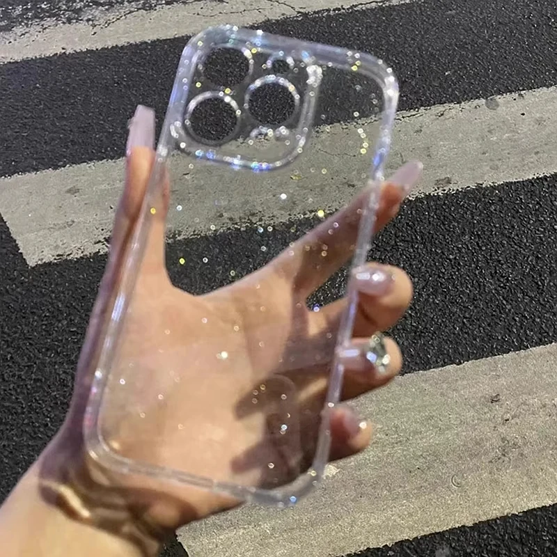 Custodia per telefono trasparente con glitter Bling per iPhone 15 14 16 Pro 13 11 12 17 Pro Max Air Custodia morbida per paraurti in silicone TPU antiurto