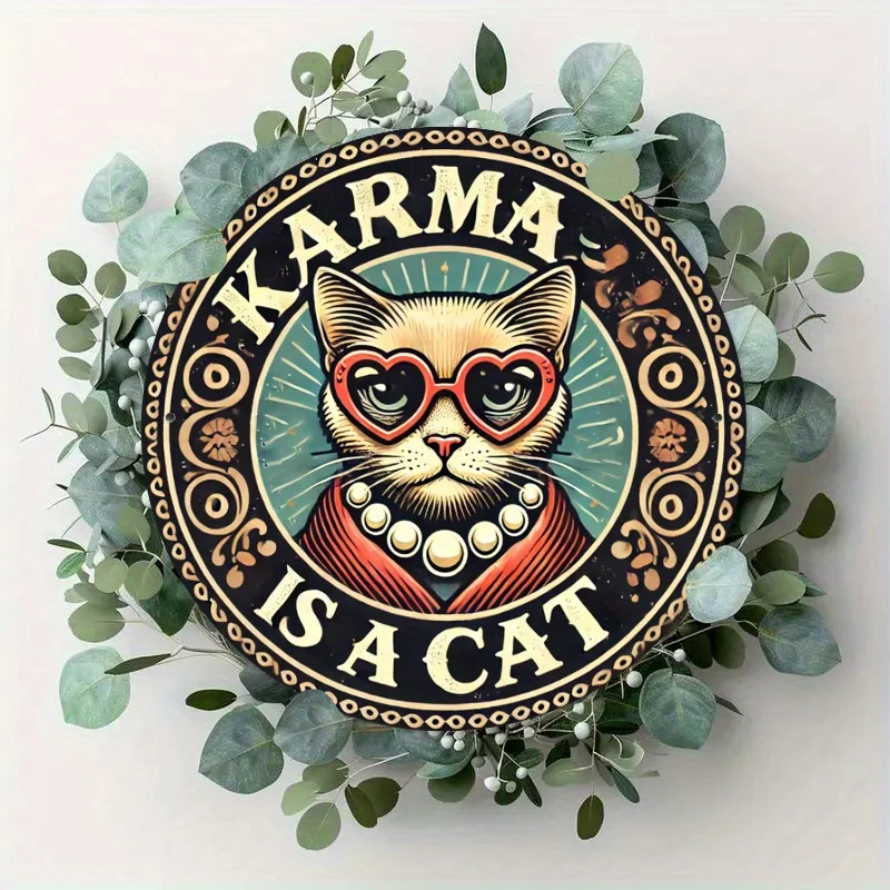 für KARMA Is A Cat" Vintage Eisen-Wandkunst – rundes Metallschild für Zuhause, Bar, Garten und Restaurant-Dekoration | Vielseitiges Hängeschild Image