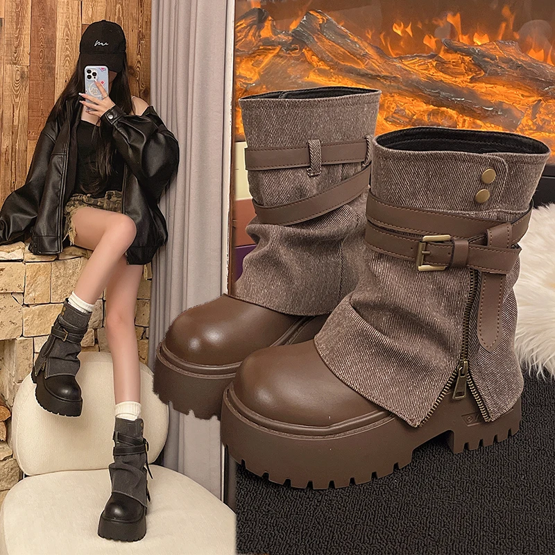 Stiefeletten für Damen, Cowboy-Wohnungen, Plateauschuhe, 2025, Modedesigner, Reißverschluss, Winter, Gothic-Stiefel, neues Wanderkleid, Damen, Botas