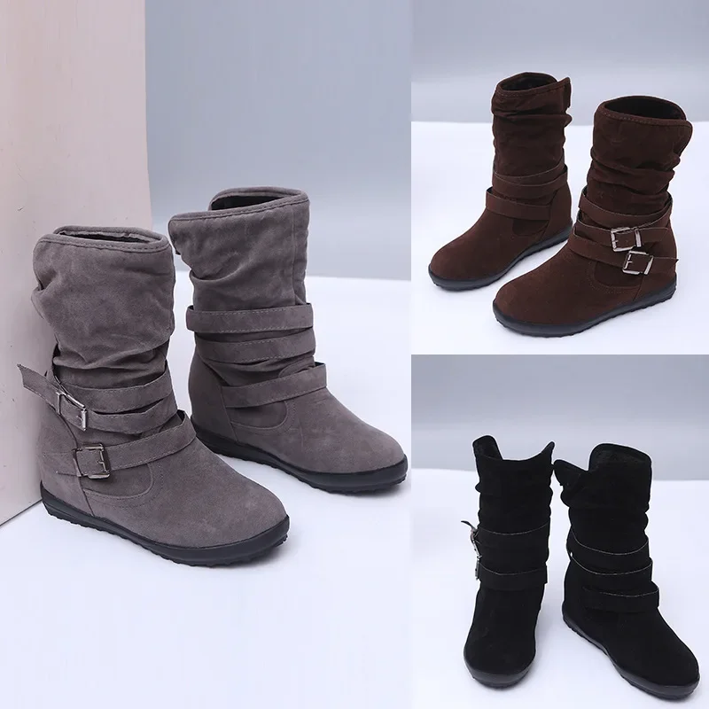 Frauen Stiefel Mode Lässig Damen Schuhe Stiefel Wildleder Leder Schnalle Stiefel Hochhackige Schnee Schuhe Für Femme Damen Schuhe 691