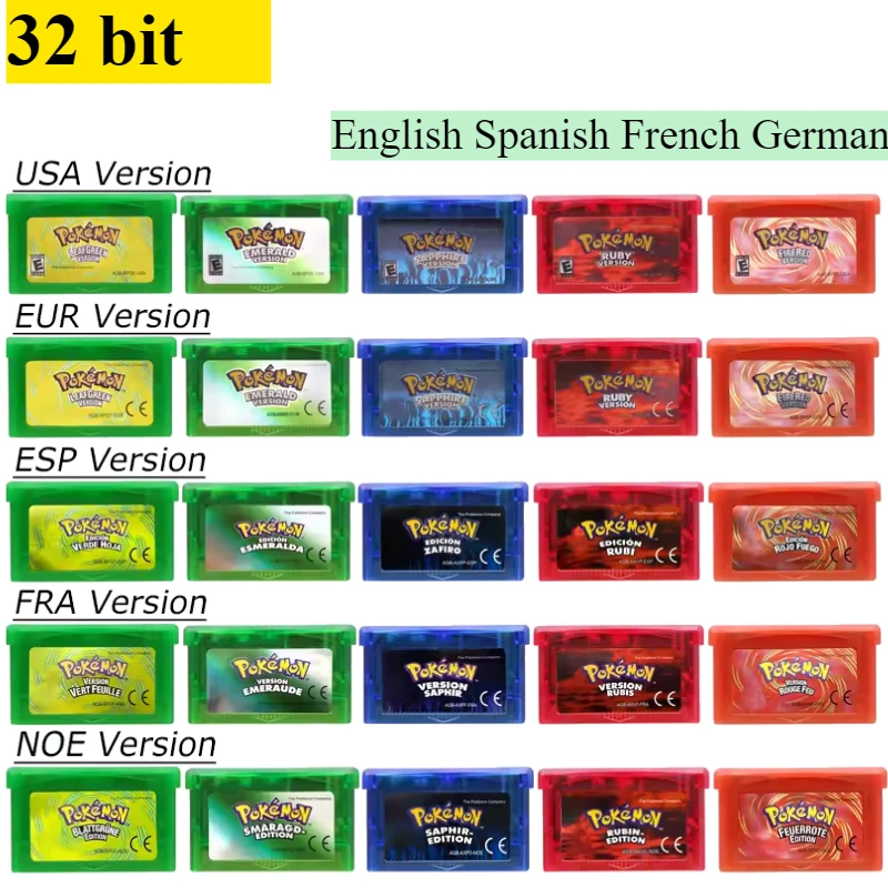 Good Quality Pokemon GBA Game Card 32 Bit Video Game Console Cartridge for DS/NDS/GB English Spanish French German Card Gift Toy