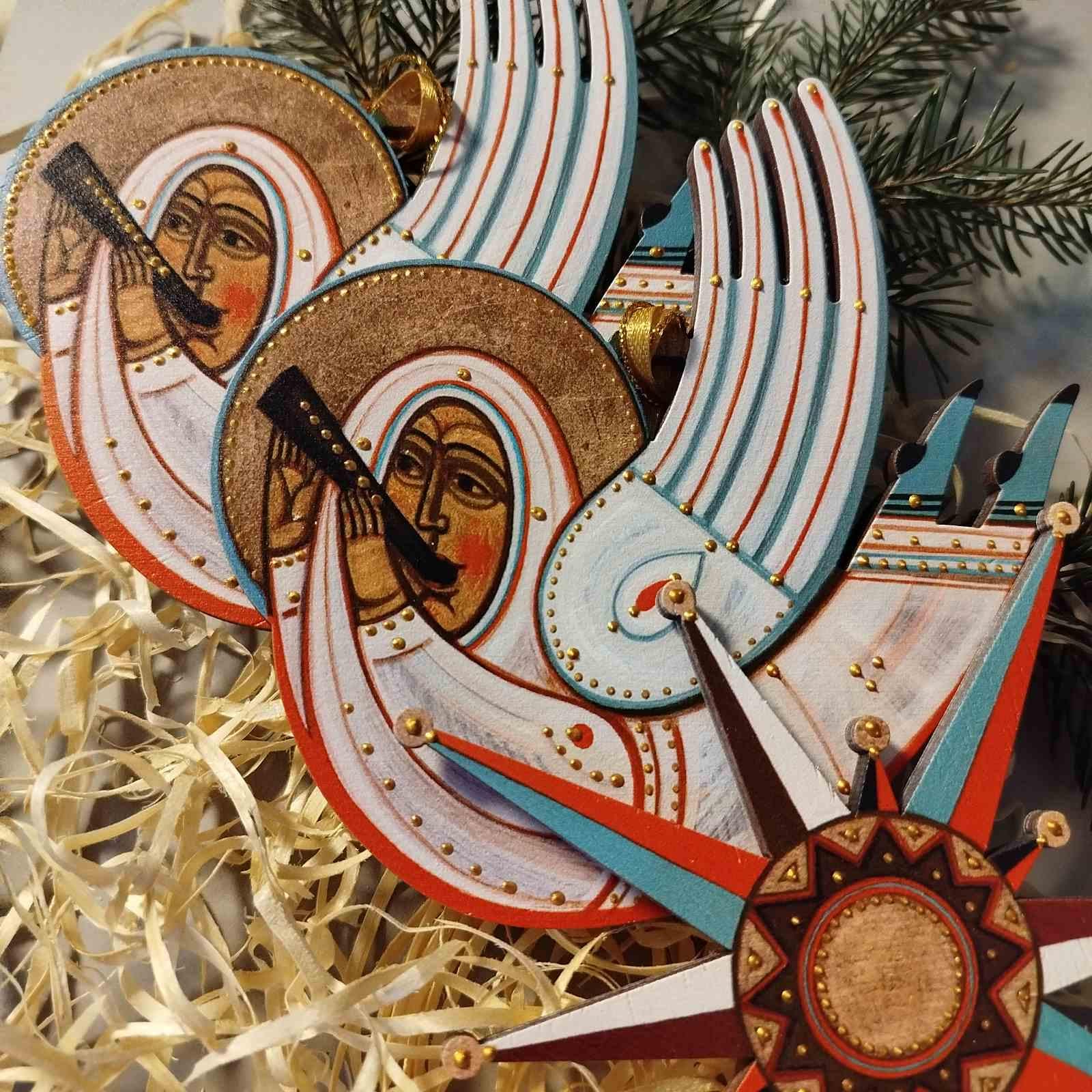 2 angeli e stella - Set natalizio, set di ornamenti per l'albero di Natale dipinti in legno, ornamenti natalizi ucraini, decorazioni rustiche per le f