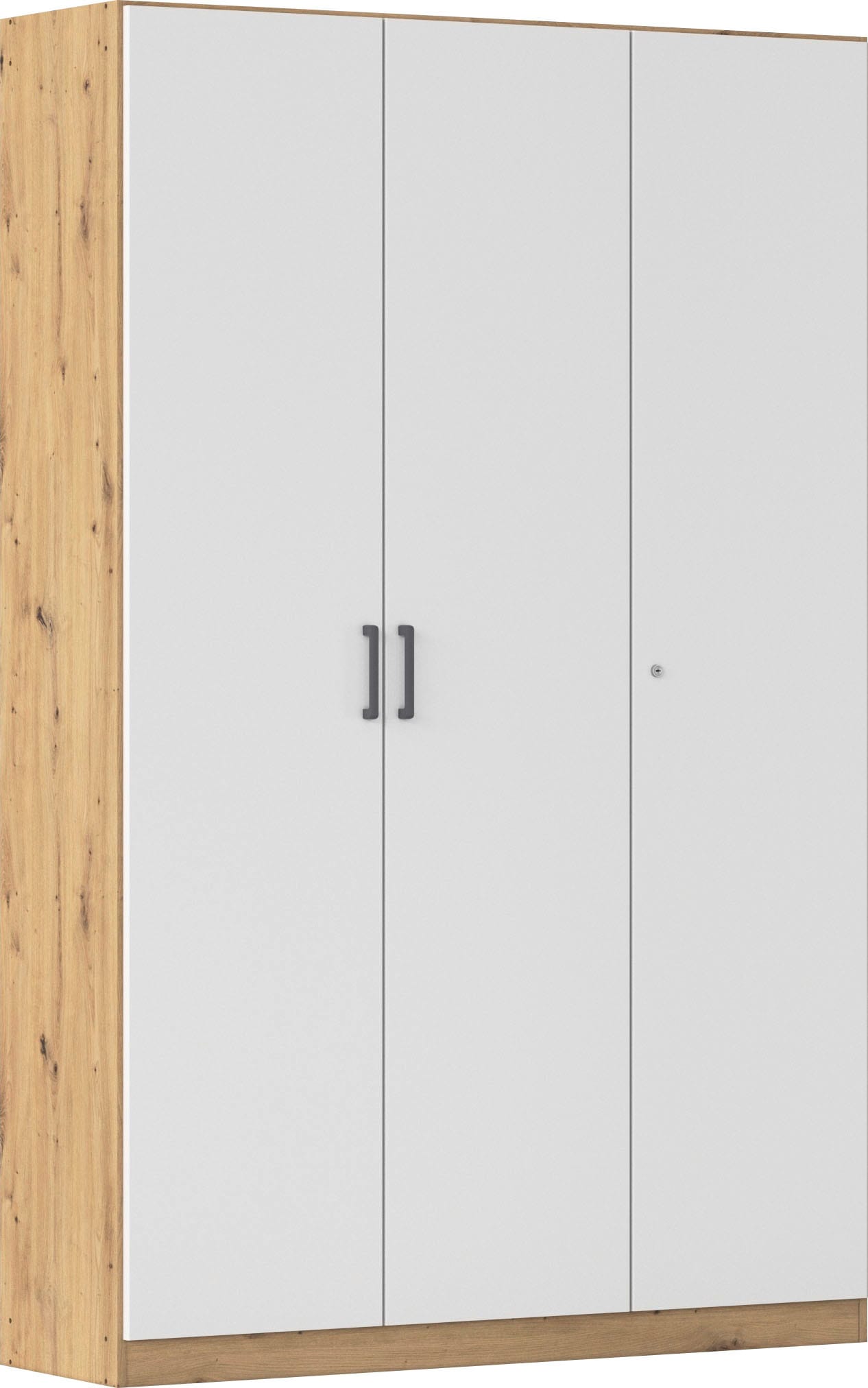 Mehrzweckschrank RAUCH "Garderobe Kleiderschrank Schrank Schuhschrank Putzschrank MINOSA", eiche artisan, alpinweiß, griffe graumetallic, B:136cm H:210cm T:41cm, Holzwerkstoff, Schränke, Mehrzweckschrank