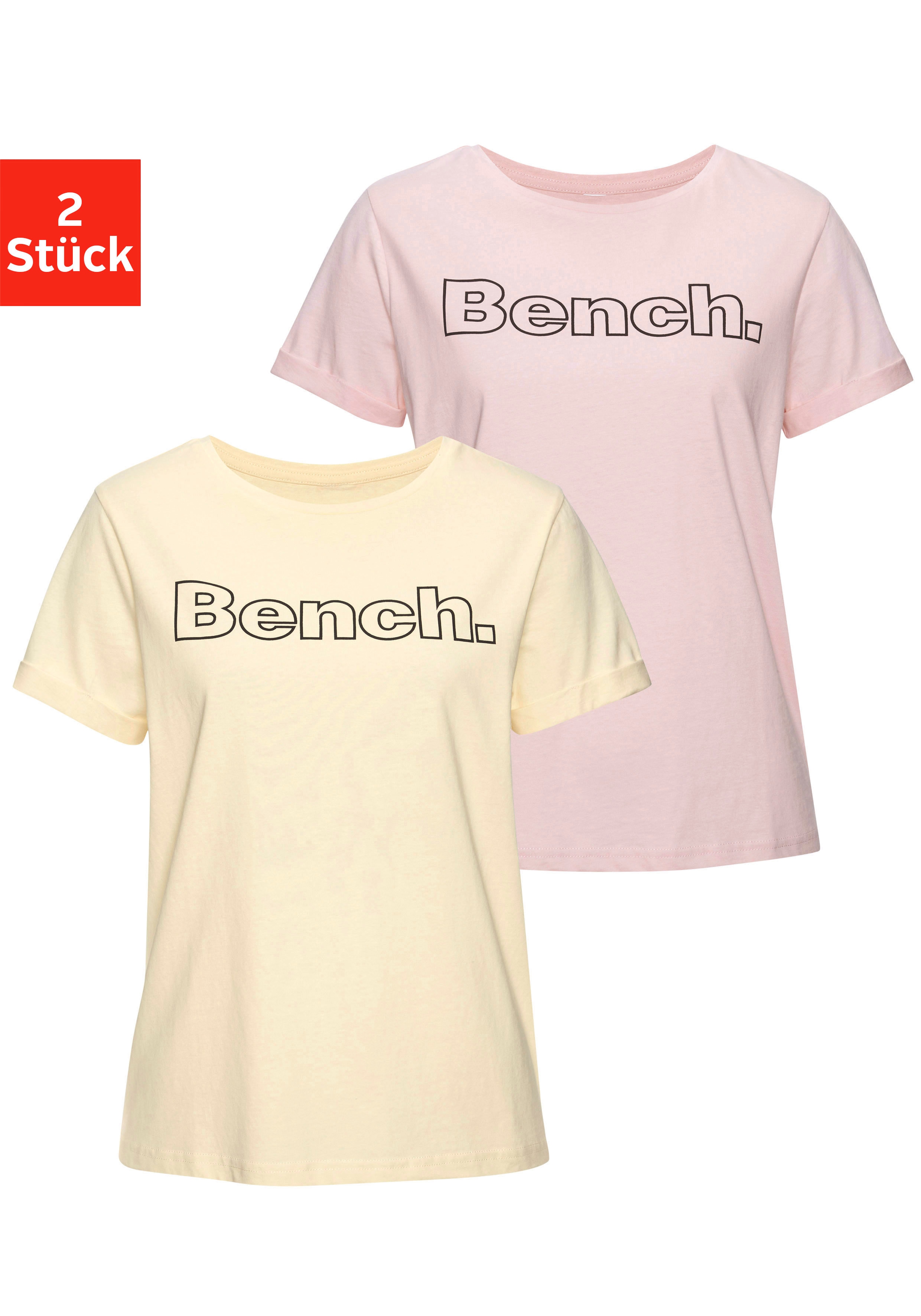 T-Shirt BENCH. LOUNGEWEAR, Damen, Gr. 44/46, 1x vanille, 1x rosa, Single Jersey, Obermaterial: 100% Baumwolle, unifarben, Basic, bequem hüftlang, Rundhals, Umschlagsaum, Shirts T-Shirt, im doppelpack mit Logodruck, Loungewear