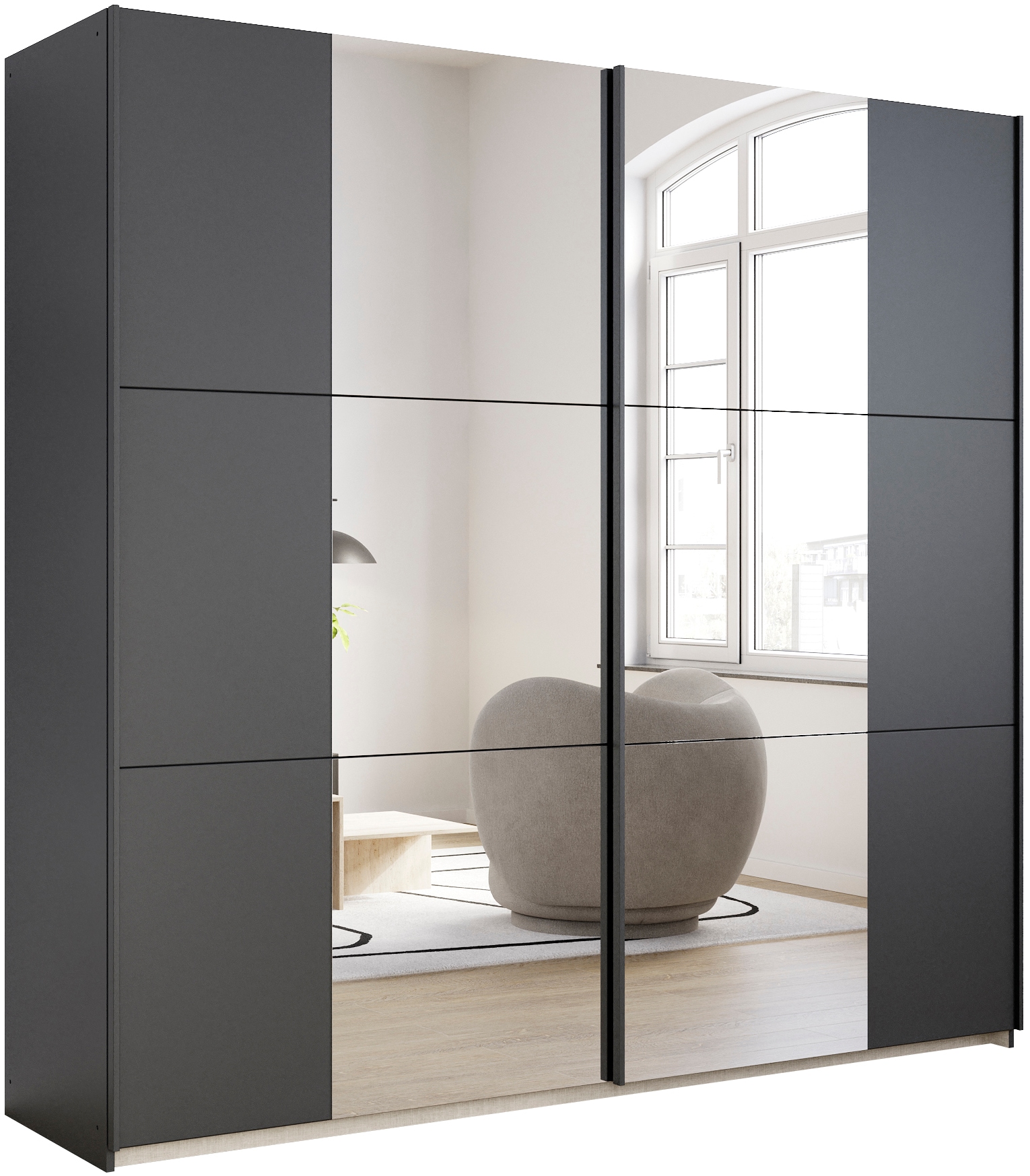 Schwebetürenschrank RAUCH "Kleiderschrank Drehtürenschrank Schrank Garderobe KRONACH TOPSELLER", grau (graumetallic, griffleisten grau, 2 spiegel), B:218cm H:210cm T:59cm, Holzwerkstoff, Schränke, Schwebetürenschrank, mit Spiegel und viel Stauraum,...